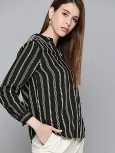 Chemistry Women Black & White Regular Fit Striped Casual Shirt