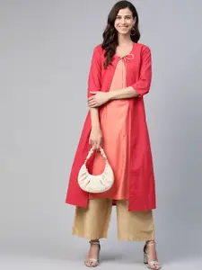 Biba Women Peach & Maroon Solid Kurta With Jacket
