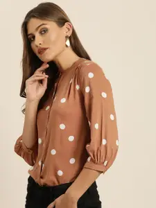 all about you Women Beige & White Regular Fit Printed Casual Shirt