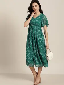 all about you Green & Off-White Floral Printed A-Line Dress & Belt