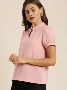 all about you Pink Shirt Collar Top with Beads Embellishment