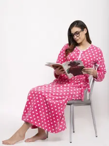 Secret Wish Women Pink & White Polka Dot Printed Maxi Nightdress