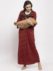 Secret Wish Women Red & Black Striped Woollen Maternity Nightdress