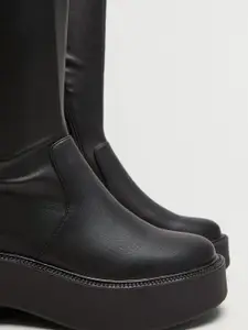 MANGO Women Black Solid Over The Knee Platform Boots