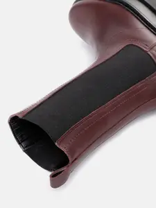 MANGO Women Coffee Brown & Black Solid Mid-Top Leather Chelsea Flat Boots