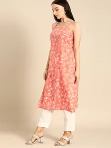 Anouk Women Peach-coloured & White Ethnic Motifs Print Straight Cotton Kurta