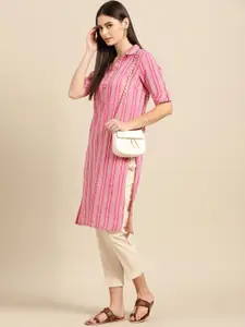 Anouk Women Pink & Cream-Coloured Striped Pure Cotton Straight Kurta