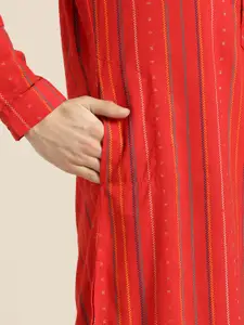 Anouk Men Red & Green Striped Pure Cotton Kurta