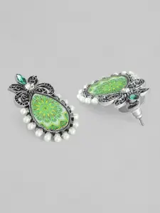 Rubans Green Silver Plated Oxidised Contemporary Studs