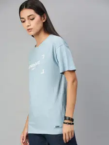 The Roadster Lifestyle Co Women Blue Typography Printed Pure Cotton T-shirt