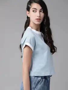 The Roadster Lifestyle Co Women Blue Solid Cotton Round Neck Crop T-shirt