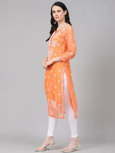 ADA Women Orange & Off-White Sheer Chikankari Embroidered Straight Sustainable Handloom Kurta with Inner