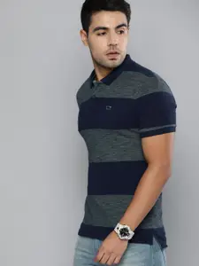 Levis Men Navy Blue Striped Polo Collar Pure Cotton T-shirt
