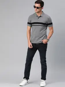 Levis Men Charcoal Grey  Black Slim Fit Striped Polo Collar Pure Cotton T-shirt
