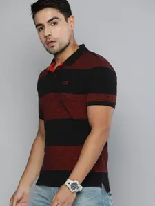 Levis Men Black  Maroon Striped Polo Collar Pure Cotton T-shirt