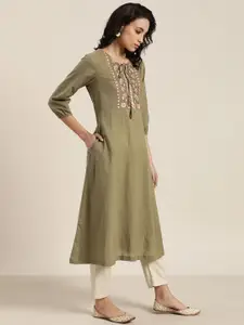 Sangria Women Olive Green Pure Cotton Yoke Design A-Line Kurta