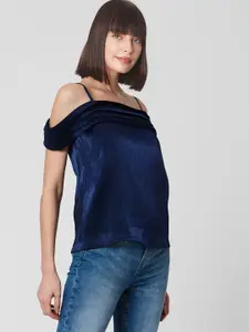 Vero Moda Women Navy Blue Solid Semi-Sheer Cold-Shoulder Top