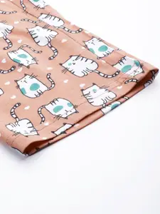 Sweet Dreams Peach-Coloured & White Cat Printed Cotton Lounge Pants