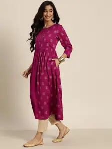 Sangria Women Magenta & Gold-Toned Ethnic Motifs Printed Sequins Kurta