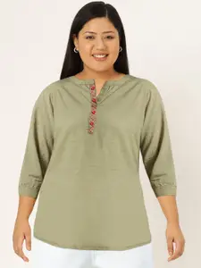 Sangria Olive Green Pure Cotton Shirt Style Top