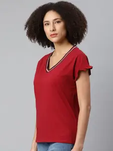 The Roadster Lifestyle Co Women Red Pure Cotton V-Neck Pure Cotton T-shirt