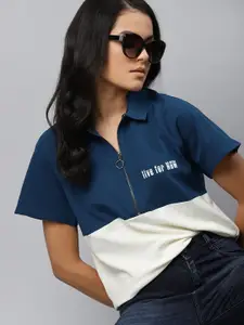 The Roadster Lifestyle Co Women Teal Blue & White Colourblocked Polo Collar T-shirt
