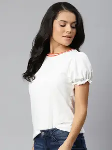 The Roadster Lifestyle Co Off White Puff Sleeve Solid Pure Cotton Regular Top