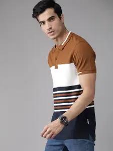 The Roadster Lifestyle Co Men Mustard Brown & Navy Blue Striped Pure Cotton Polo Collar T-shirt
