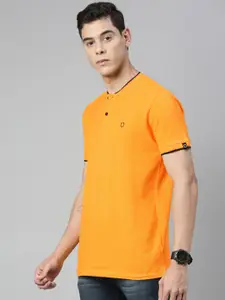 Urbano Fashion Men Mustard Solid Pure Cotton Henley Neck Pure Cotton T-shirt