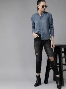 The Roadster Lifestyle Co Women Navy Blue Solid Denim Casual Shirt