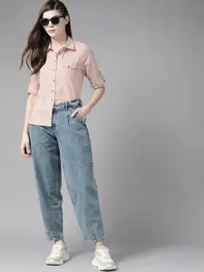 The Roadster Lifestyle Co Women Pink Pure Cotton Self Striped Casual Shirt