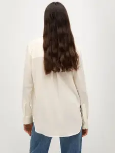 MANGO Women Cream-Coloured Satin Finish Regular Fit Solid Casual Shirt