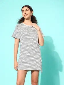 Enamor Women Striped Crew Neck Cotton Tunic T-Shirt with Side Slits EA61