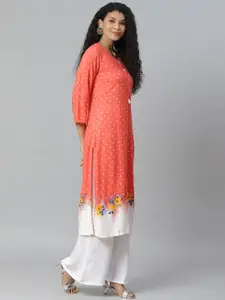 Rangriti Women Coral Orange & White Printed Straight Kurta