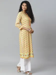 Rangriti Women Yellow & Maroon Suzani Ikat Print Liva Straight Kurta