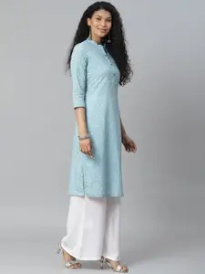 Rangriti Women Blue & White Printed Straight Kurta