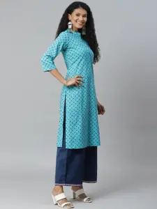 Rangriti Women Blue Printed Pure Cotton Straight Kurta