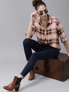 Roadster Women Pink  Brown EcoVero Tartan Checks Casual Shirt