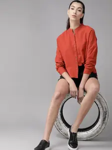 Roadster Women Rust Red Boxy Solid Pure Cotton High-Low Casual Shirt