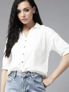 The Roadster Lifestyle Co Women White Self Design Pure Cotton Casual Shirt