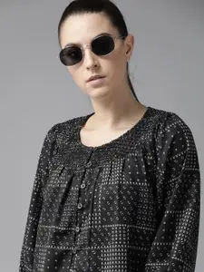 Roadster Black  White Geometric Printed Puff Sleeves  Recycled Poly Regular Top