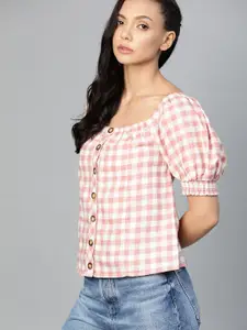 The Roadster Lifestyle Co White & Pink Pure Cotton Checked Puff Sleeve Regular Top