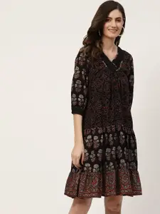 Taavi Women Black & Brown Ajrakh Hand Block Ethnic Motifs Print Pure Cotton a-Line Dress