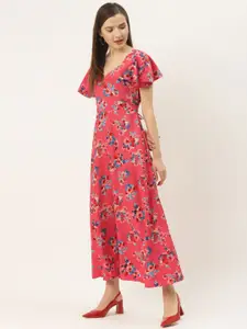 Deewa Women Coral Pink & Blue Floral Print Maxi Dress