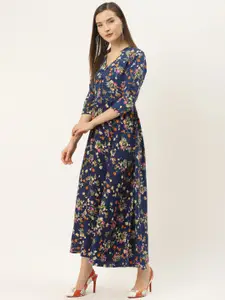 Deewa Women Blue & Orange Floral Print Maxi Dress