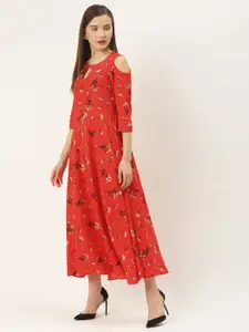 Deewa Women Red & Black Floral Print Cold-Shoulder Maxi Dress