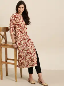 Sangria Women Off-White & Red Floral Print Front Slit A-Line Kurta