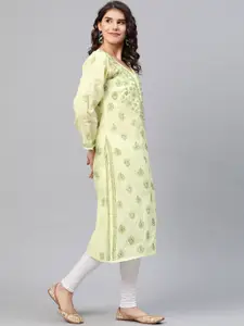 ADA Women Lime Yellow Chikankari Embroidered Pure Cotton Straight  Handloom Kurta