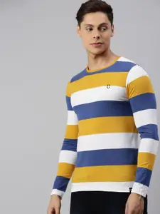 Urbano Fashion Men Blue  White Slim Fit Striped Round Neck Pure Cotton T-shirt
