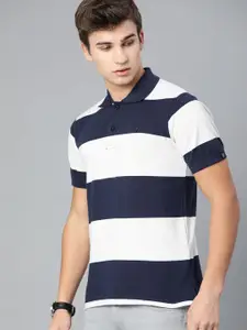 Urbano Fashion Men White  Navy Blue Striped Polo Collar Pure Cotton T-shirt